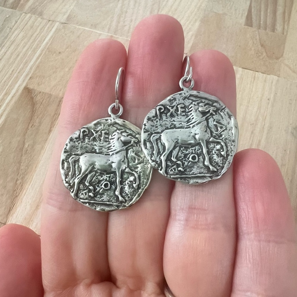 Vintage Greek style silver coin horse dangle disk earrings on hooks